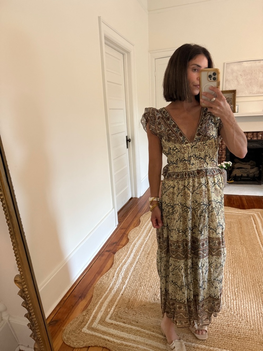 Sea Printed Midi Dress in Olive and Brown